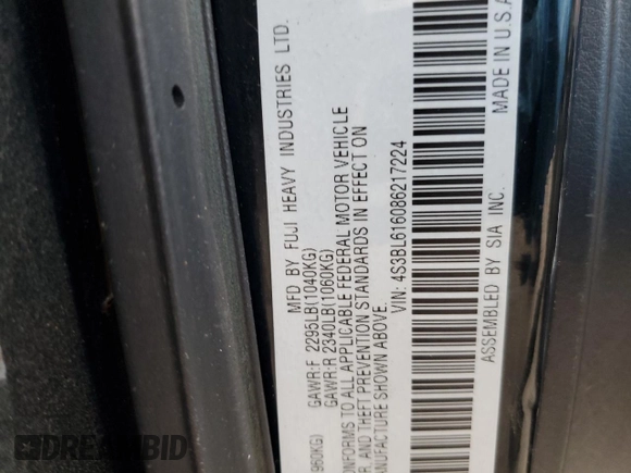 2008 Subaru Legacy with VIN 4S3BL616086217224, listed as a Copart auction lot 47004544 with 164,783 mi miles and Salvage title. Bid and sale history available at DreamBid. Image 12.
