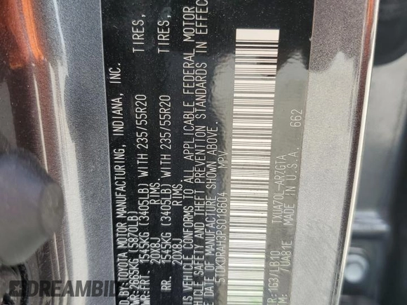 2023 Toyota Highlander L z VIN 5TDKDRAH3PS018604, wystawiony jako Copart lot #54381385 z przebiegiem 27 549 mil mil oraz Szkoda całkowita • Salvage title. Historia ofert i sprzedaży dostępna na DreamBid. Obrazek 13.