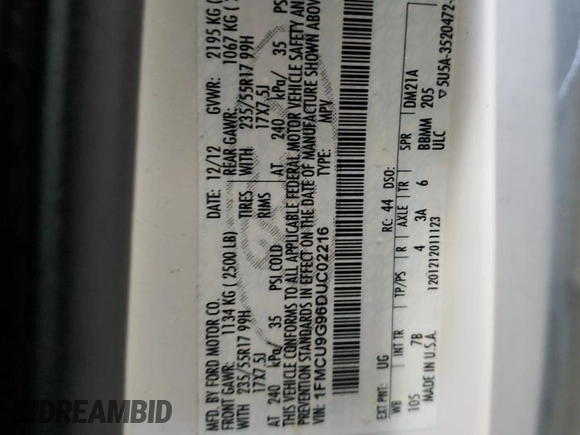 2013 Ford Escape SE z VIN 1FMCU9G96DUC02216, wystawiony jako Copart lot #63431115 z przebiegiem 186 614 mil mil oraz Szkoda całkowita • Salvage title. Historia ofert i sprzedaży dostępna na DreamBid. Obrazek 13.