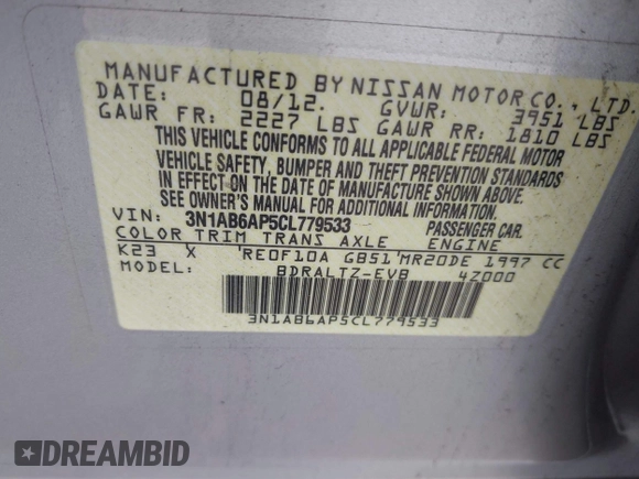 2012 Nissan Sentra 2.0 with VIN 3N1AB6AP5CL779533, listed as a IAAI auction lot 42603958 with 91,419 mi miles and . Bid and sale history available at DreamBid. Image 9.