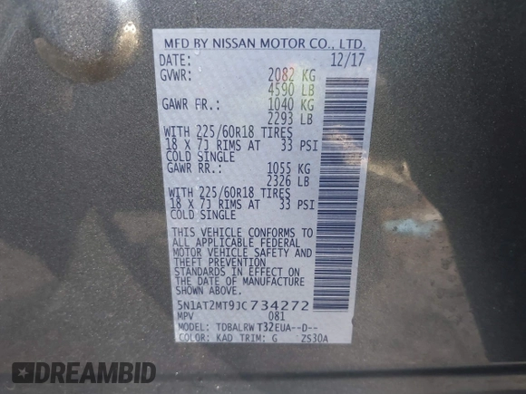 2018 Nissan Rogue S with VIN 5N1AT2MT9JC734272, listed as a IAAI auction lot 41207863 with 96,383 mi miles. Bid and sale history available at carsss.com. Image 9.