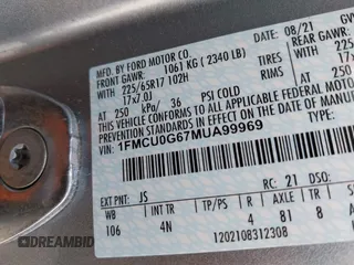 2021 Ford Escape SE с VIN 1FMCU0G67MUA99969, выставлен на аукционе IAAI как лот 42085819 с пробегом 57 221 миль миль и . История ставок и продаж доступна на DreamBid. Изображение 9.