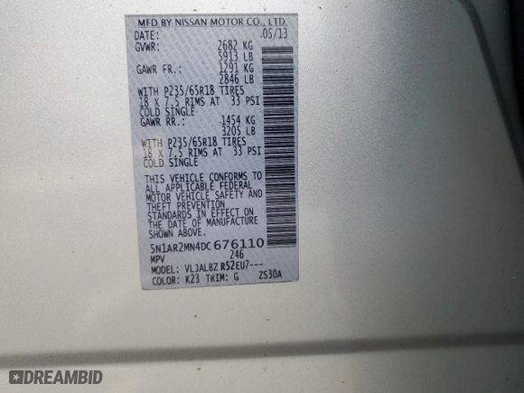 2013 Nissan Pathfinder Platinum with VIN 5N1AR2MN4DC676110, listed as a Copart auction lot 51311275 with 100,024 mi miles and Salvage Title. Bid and sale history available at carsss.com. Image 13.