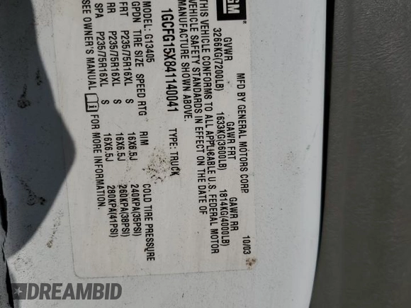 2004 Chevrolet Express Cargo Van with VIN 1GCFG15X841140041, listed as a Copart auction lot 41651635 with 171,503 mi miles and Salvage Title. Bid and sale history available at carsss.com. Image 13.
