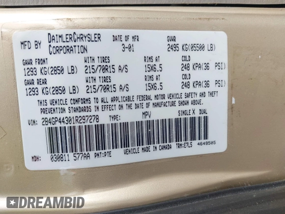 2001 Dodge Caravan Sport with VIN 2B4GP44301R297278, listed as a IAAI auction lot 42158226 with 158,039 mi miles and . Bid and sale history available at carsss.com. Image 9.