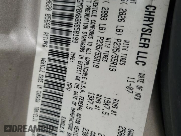2008 Chrysler Pacifica with VIN 2A8GM78X68R658199, listed as a Copart auction lot 62689435 with 126,562 mi miles and Salvage title. Bid and sale history available at DreamBid. Image 13.
