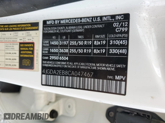 2012 Mercedes-Benz M 350 with VIN 4JGDA2EB8CA047467, listed as a Copart auction lot 60701685 with 189,075 mi miles and Salvage title. Bid and sale history available at DreamBid. Image 14.