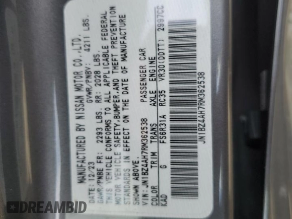 2024 Nissan Z Sport z VIN JN1BZ4AH7RM362538, wystawiony jako Copart lot #71589374 z przebiegiem Nie podano mil oraz Szkoda całkowita • Salvage title. Historia ofert i sprzedaży dostępna na DreamBid. Obrazek 15.