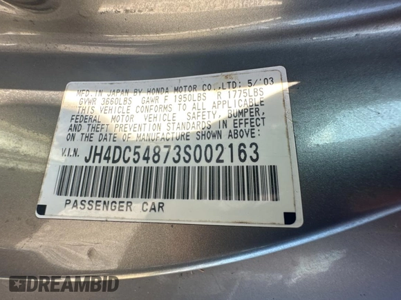2003 Acura RSX z VIN JH4DC54873S002163, wystawiony jako Copart lot #47270335 z przebiegiem Nie podano mil oraz Szkoda całkowita • Salvage title. Historia ofert i sprzedaży dostępna na DreamBid. Obrazek 10.