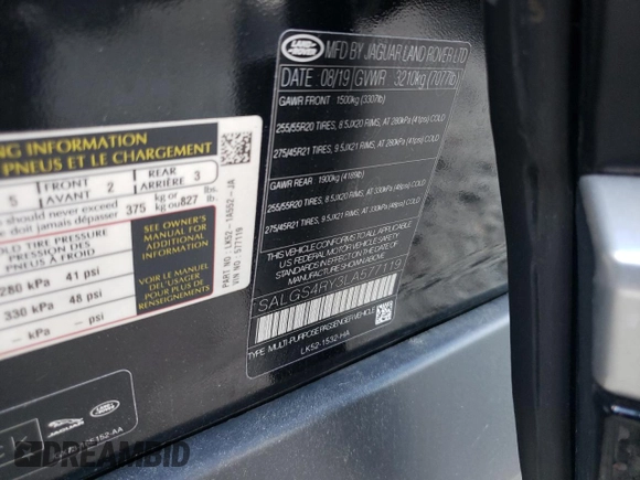 2020 Land Rover Range Rover with VIN SALGS4RY3LA577119, listed as a Copart auction lot 78513304 with 60,122 mi miles and Non repairable. Bid and sale history available at DreamBid. Image 14.