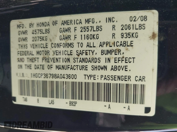 2008 Honda Accord EX with VIN 1HGCP36798A043600, listed as a IAAI auction lot 41881132 with 210,487 mi miles and . Bid and sale history available at DreamBid. Image 9.