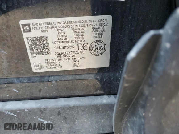 2019 GMC Terrain SLE with VIN 3GKALTEX0KL267961, listed as a Copart auction lot 57269865 with 162,749 mi miles and Clean title. Bid and sale history available at DreamBid. Image 13.