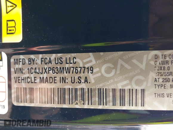 2021 Jeep Wrangler Unlimited Sahara with VIN 1C4JJXP63MW767719, listed as a IAAI auction lot 41906155 with 44,689 mi miles and . Bid and sale history available at DreamBid. Image 9.