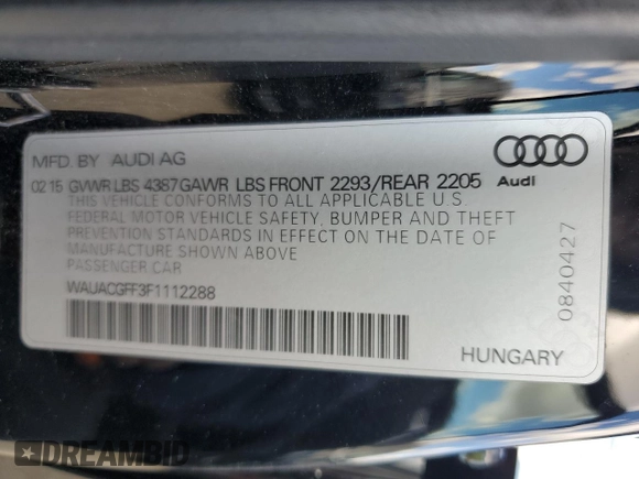 2015 Audi A3 1.8T Premium with VIN WAUACGFF3F1112288, listed as a Copart auction lot 43295553 with 67,916 mi miles. Bid and sale history available at carsss.com. Image 13.