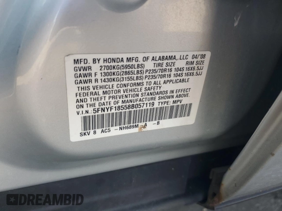 2008 Honda Pilot EX-L with VIN 5FNYF18558B057119, listed as a Copart auction lot 62219805 with 220,929 mi miles and Salvage title. Bid and sale history available at DreamBid. Image 13.