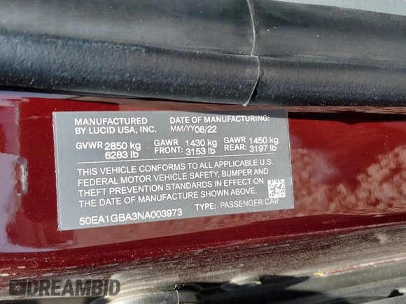 2022 Lucid Air Grand Touring with VIN 50EA1GBA3NA003973, listed as a Copart auction lot 52396715 with 58,351 mi miles and Salvage Title. Bid and sale history available at carsss.com. Image 13.