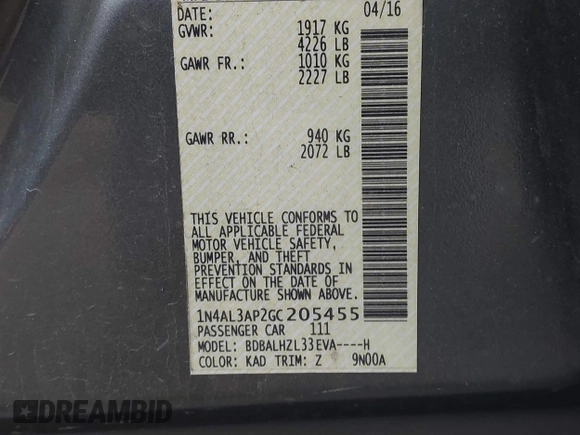 2016 Nissan Altima SR with VIN 1N4AL3AP2GC205455, listed as a IAAI auction lot 42012932 with 98,490 mi miles and . Bid and sale history available at carsss.com. Image 9.