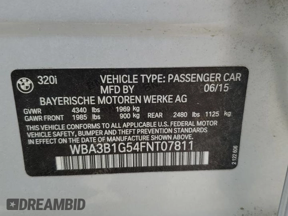 2015 BMW 3 Series 320i с VIN WBA3B1G54FNT07811, выставлен на аукционе Copart как лот 56742425 с пробегом 86 871 миль миль и Списание • Salvage title. История ставок и продаж доступна на DreamBid. Изображение 12.