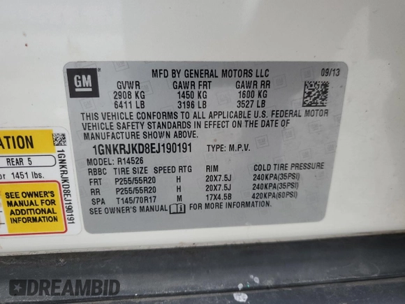 2014 Chevrolet Traverse LTZ with VIN 1GNKRJKD8EJ190191, listed as a Copart auction lot 43661995 with 176,003 mi miles and Clean Title. Bid and sale history available at DreamBid. Image 13.