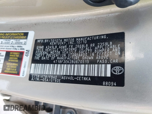 2011 Toyota Camry LE z VIN 4T1BF3EK2BU670515, wystawiony jako IAAI lot #41867049 z przebiegiem 174 987 mil mil oraz . Historia ofert i sprzedaży dostępna na DreamBid. Obrazek 9.