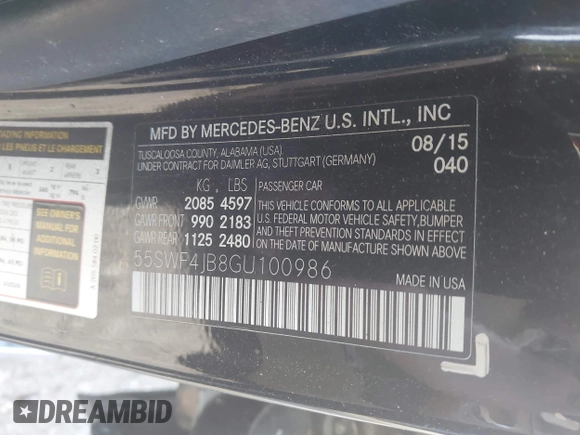 2016 Mercedes-Benz C 300 with VIN 55SWF4JB8GU100986, listed as a IAAI auction lot 42429403 with 45,817 mi miles and . Bid and sale history available at DreamBid. Image 9.