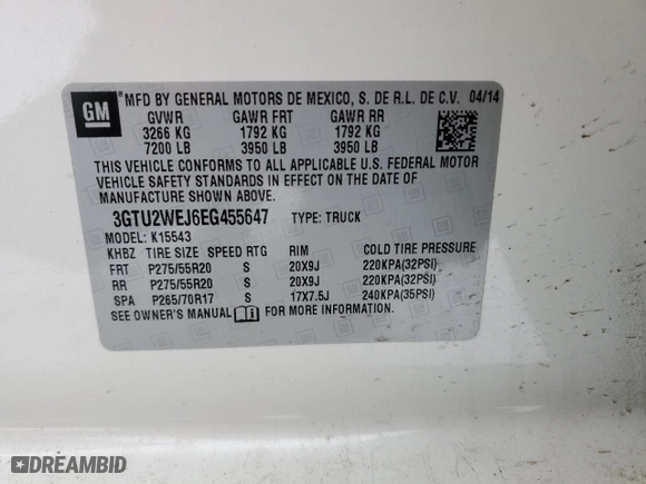 2014 GMC Sierra 1500 Denali with VIN 3GTU2WEJ6EG455647, listed as a Copart auction lot 41509395 with 128,883 mi miles and Salvage Title. Bid and sale history available at carsss.com. Image 14.