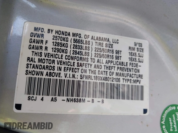 2004 Honda Odyssey EX-L with VIN 5FNRL189X4B012106, listed as a IAAI auction lot 41400222 with 229,674 mi miles and . Bid and sale history available at DreamBid. Image 9.