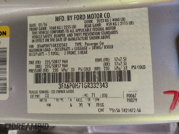 2016 Ford Fusion SE with VIN 3FA6P0H71GR332343, listed as a IAAI auction lot 41964442 with 111,218 mi miles. Bid and sale history available at carsss.com. Image 9.