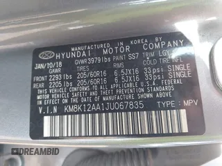 2018 Hyundai Kona SE with VIN KM8K12AA1JU067835, listed as a IAAI auction lot 41403740 with 88,378 mi miles and . Bid and sale history available at DreamBid. Image 9.