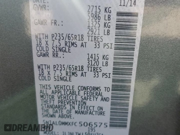 2015 Infiniti QX60 with VIN 5N1AL0MMXFC506575, listed as a Copart auction lot 48435245 with 61,198 mi miles and Salvage Title. Bid and sale history available at DreamBid. Image 13.