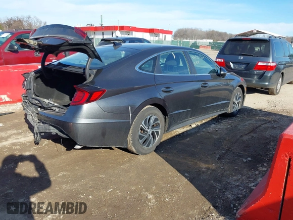 2020 Hyundai Sonata Hybrid Blue with VIN KMHL24JJ2LA016152, listed as a IAAI auction lot 41655476 with 168,982 mi miles. Bid and sale history available at carsss.com. Image 4.