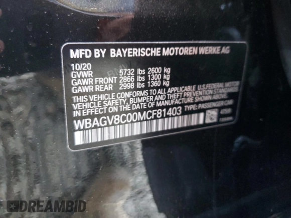 2021 BMW 8 Series M850i with VIN WBAGV8C00MCF81403, listed as a Copart auction lot 47322095 with Not provided miles and Salvage title. Bid and sale history available at DreamBid. Image 12.