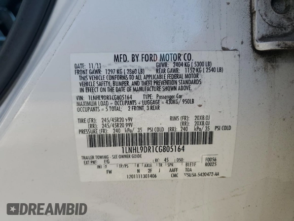 2012 Lincoln MKS with VIN 1LNHL9DR1CG805164, listed as a Copart auction lot 48375595 with 104,246 mi miles and Salvage Title. Bid and sale history available at carsss.com. Image 12.