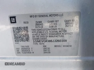 2018 Chevrolet Traverse LT Cloth with VIN 1GNEVGKW6JJ260309, listed as a IAAI auction lot 42063720 with 114,855 mi miles. Bid and sale history available at carsss.com. Image 9.
