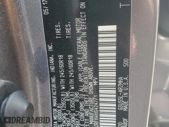 2017 Toyota Highlander XLE with VIN 5TDJZRFH4HS424771, listed as a Copart auction lot 59002205 with 36,895 mi miles and Salvage title. Bid and sale history available at DreamBid. Image 13.