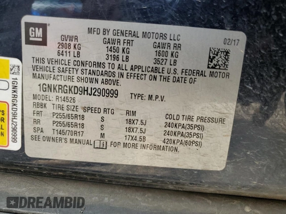 2017 Chevrolet Traverse LT with VIN 1GNKRGKD9HJ290999, listed as a Copart auction lot 51627745 with 102,021 mi miles and Salvage Title. Bid and sale history available at DreamBid. Image 15.
