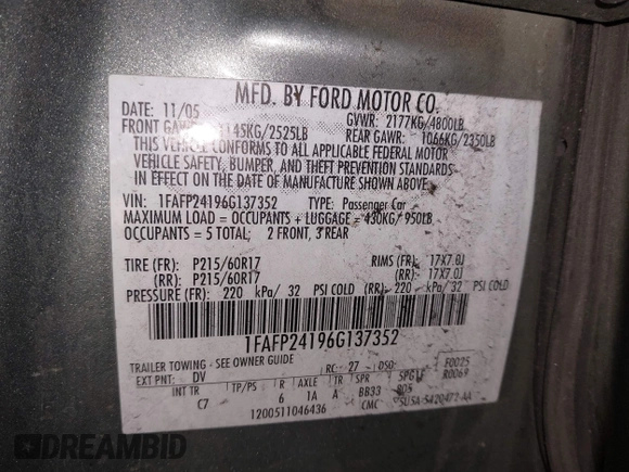 2006 Ford Five Hundred SEL с VIN 1FAFP24196G137352, выставлен на аукционе IAAI как лот 41910085 с пробегом Не указан миль и . История ставок и продаж доступна на DreamBid. Изображение 9.