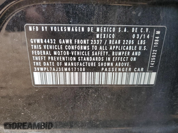 2014 Volkswagen Jetta TDI with VIN 3VWPL7AJ3EM617108, listed as a Copart auction lot 75106114 with 124,580 mi miles and Non repairable. Bid and sale history available at DreamBid. Image 12.