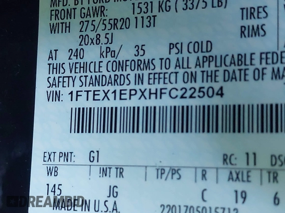 2017 Ford F-150 XL with VIN 1FTEX1EPXHFC22504, listed as a IAAI auction lot 41256497 with 148,434 mi miles. Bid and sale history available at carsss.com. Image 9.