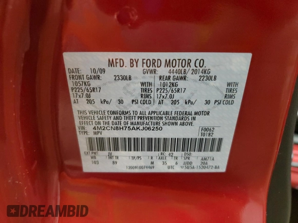 2010 Mercury Mariner Premier с VIN 4M2CN8H75AKJ06250, выставлен на аукционе Copart как лот 62787675 с пробегом 125 227 миль миль и Чистый • Clean title. История ставок и продаж доступна на DreamBid. Изображение 13.