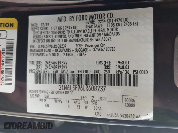 2020 Lincoln MKZ Reserve z VIN 3LN6L5F96LR608237, wystawiony jako IAAI lot #41530295 z przebiegiem 45 144 mil mil oraz . Historia ofert i sprzedaży dostępna na DreamBid. Obrazek 9.