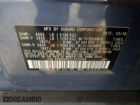 2018 Subaru Outback Limited with VIN 4S4BSANC5J3340994, listed as a Copart auction lot 55763355 with 102,615 mi miles and Salvage title. Bid and sale history available at DreamBid. Image 13.