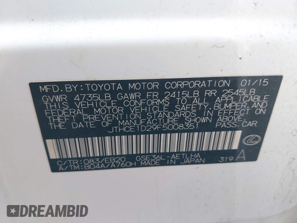 2015 Lexus IS 350 z VIN JTHCE1D29F5008351, wystawiony jako IAAI lot #41125891 z przebiegiem Nie podano mil oraz . Historia ofert i sprzedaży dostępna na DreamBid. Obrazek 9.