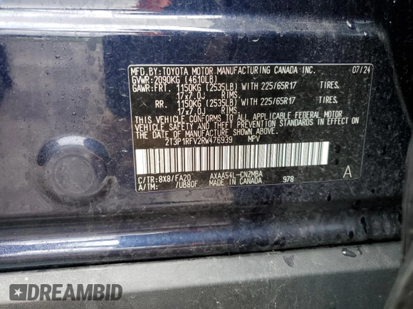 2024 Toyota RAV4 XLE with VIN 2T3P1RFV2RW476939, listed as a Copart auction lot 51806595 with 5,262 mi miles and Salvage Title. Bid and sale history available at DreamBid. Image 13.