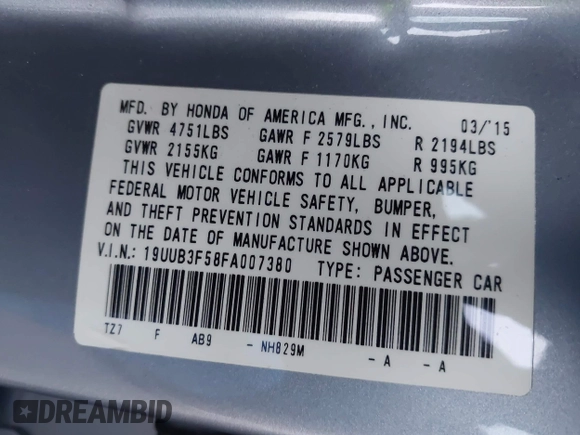 2015 Acura TLX Technology with VIN 19UUB3F58FA007380, listed as a IAAI auction lot 42163931 with Not provided miles and . Bid and sale history available at DreamBid. Image 9.