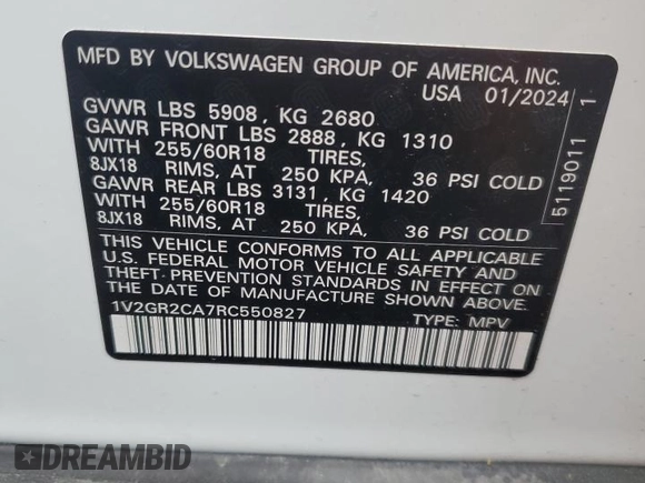 2024 Volkswagen Atlas Peak Edition SEL with VIN 1V2GR2CA7RC550827, listed as a Copart auction lot 55834155 with 1,608 mi miles and Salvage title. Bid and sale history available at DreamBid. Image 13.