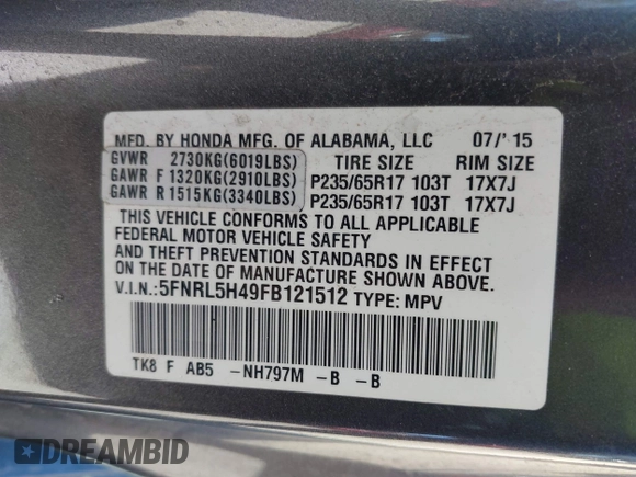 2015 Honda Odyssey EX with VIN 5FNRL5H49FB121512, listed as a IAAI auction lot 42234257 with 139,265 mi miles and . Bid and sale history available at DreamBid. Image 9.