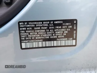 2012 Volkswagen Passat SE z VIN 1VWBP7A35CC025482, wystawiony jako IAAI lot #42280415 z przebiegiem 152 030 mil mil oraz . Historia ofert i sprzedaży dostępna na DreamBid. Obrazek 9.