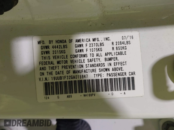 2016 Acura TLX with VIN 19UUB1F32GA015947, listed as a IAAI auction lot 41495180 with 101,789 mi miles. Bid and sale history available at carsss.com. Image 9.