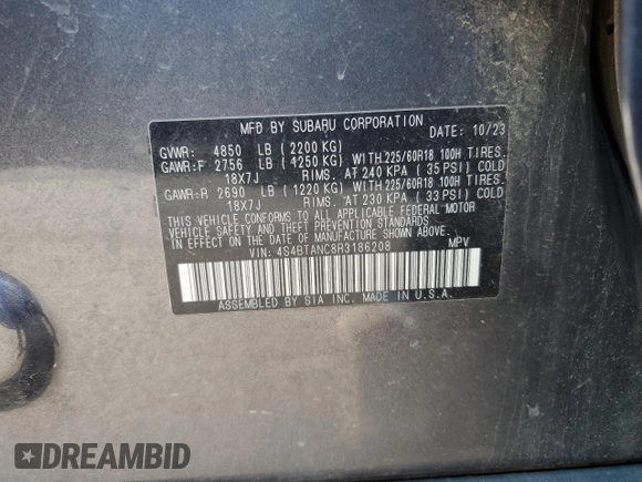 2024 Subaru Outback Limited with VIN 4S4BTANC8R3186208, listed as a Copart auction lot 57349205 with 52,750 mi miles and Salvage title. Bid and sale history available at DreamBid. Image 12.